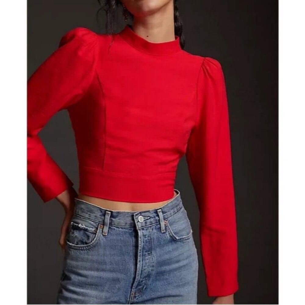 Maeve Anthropologie NWT Red Open-Back Bow Tie‎ Long Sleeve Blouse Size 8 Petite
